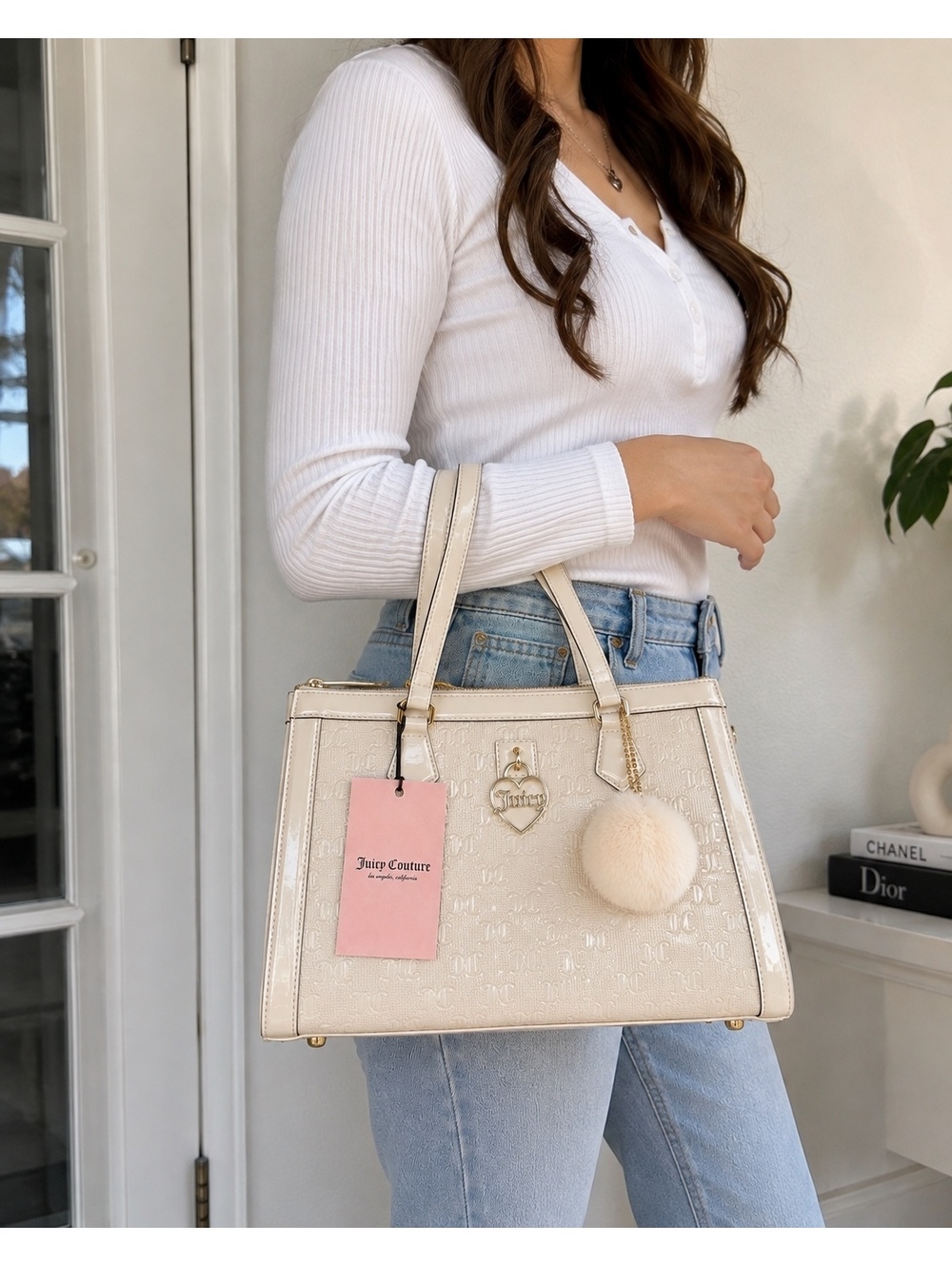 Juicy Couture Cream Monogram Tote Bag NWT Faux Leather Charm & Pom Pom